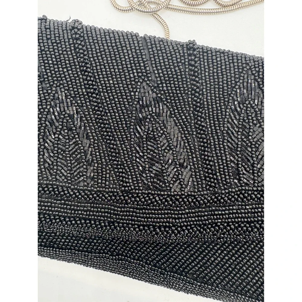 Black Beaded Clutch Evening Bag Silver Chain‎ Strap Formal Party Purse